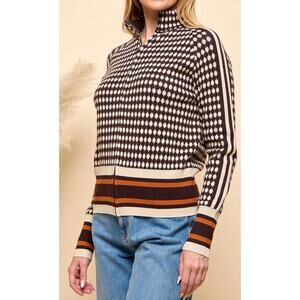 FALL VIBES Houndstooth Sweater – Mock Neck Full Zip Knit – Size M